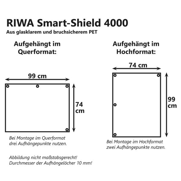 Unzerbrechlicher Infektionsschutz RIWA SmartShield zum Aufhängen über dem Schreibtisch, einem Tresen, einer Verkaufstheke, etc.