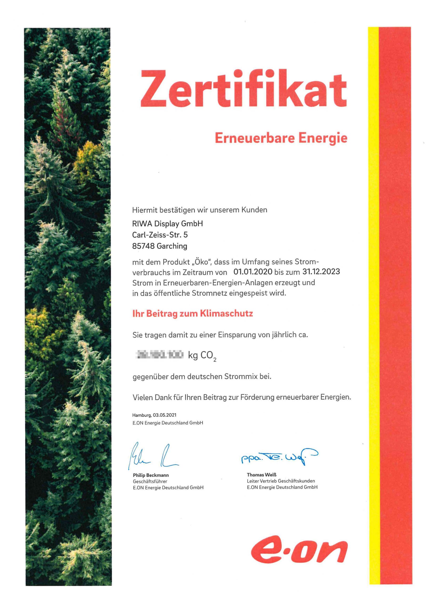 Zertifikat für die langjährige Verwendung von Strom aus erneuerbaren Energiequellen für die Firma RIWA Display GmbH.