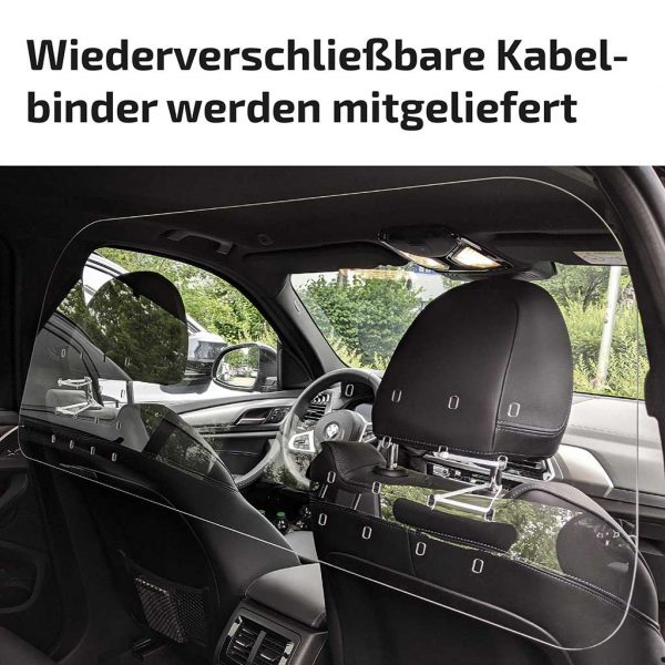 Infektionsschutzscheibe aus glasklarem und unzerbrechlichem Polycarbonat, eingebaut in einem Taxi von BMW.